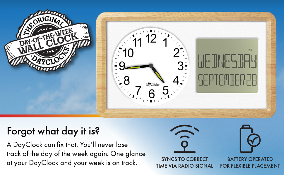 DayClocks Atomic 10” Clock Combines Analog Time and Digital Display for Day and Date