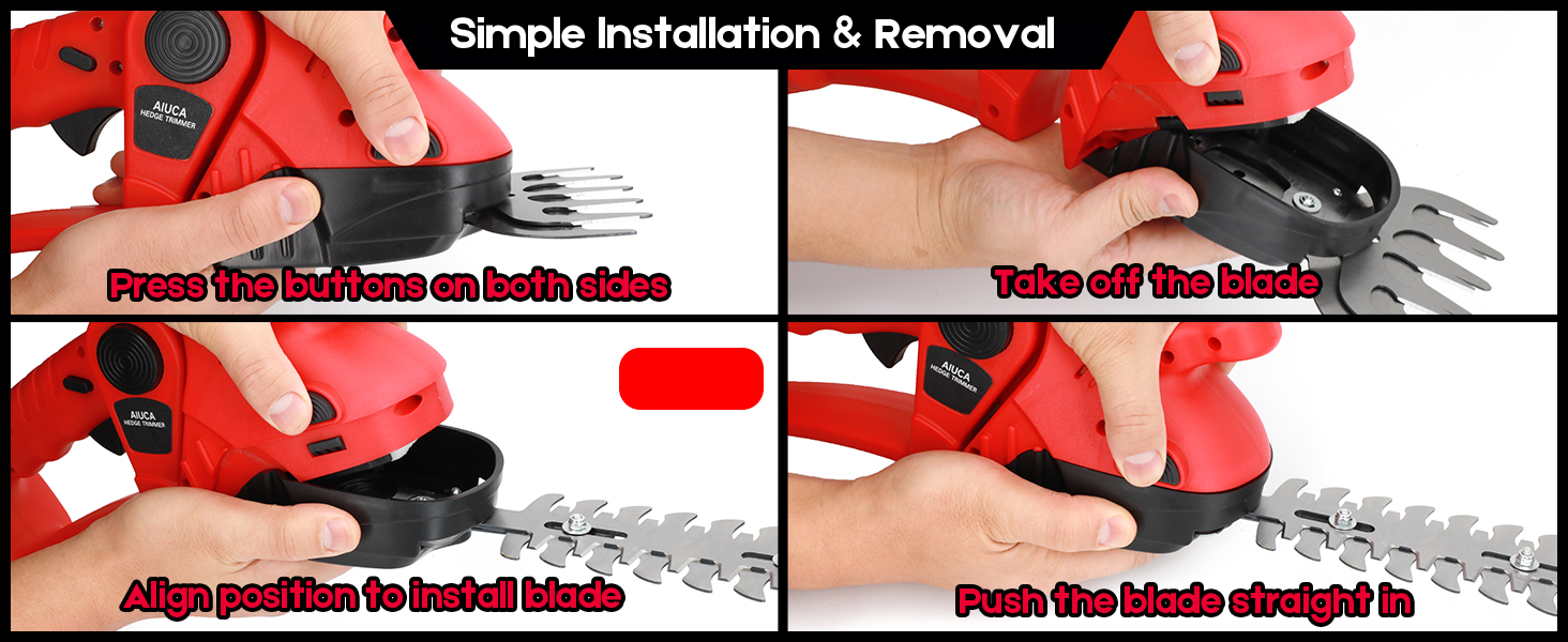Four-panel instruction guide for a red handheld gardening tool with interchangeable blades. Shows pressing buttons, removing blades, aligning new blades, and inserting them into the device.