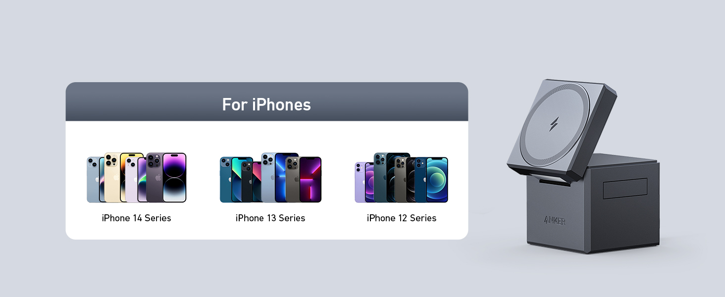 iPhone models display with charging device. Left shows various iPhone colors. Right features a cube-shaped charger with circular top, likely for wireless charging.