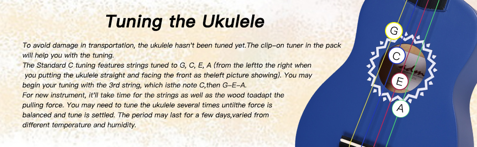 Ukulele tuning guide showing string names and fretboard diagram. Instructions for tuning process included on white background with blue accent.