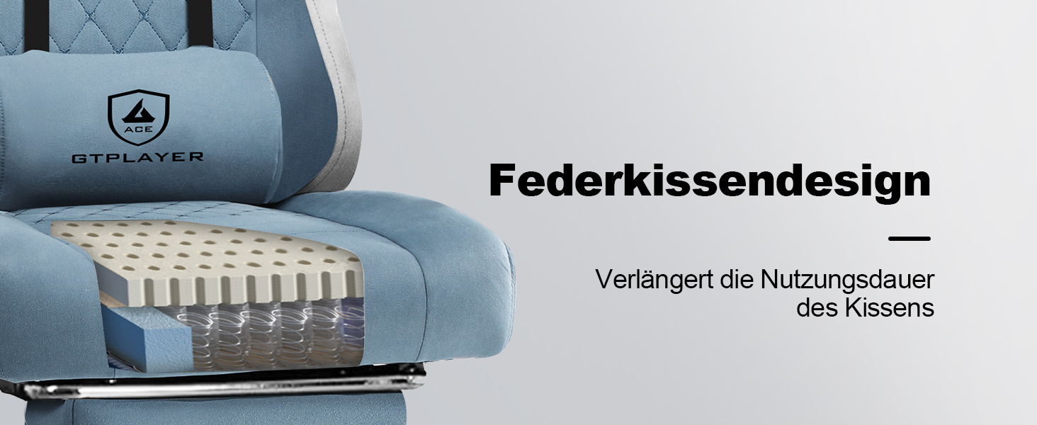 Querschnittsdiagramm des Kissendesigns, das die innere Federstruktur unter blauem Polsterstoff zeigt.