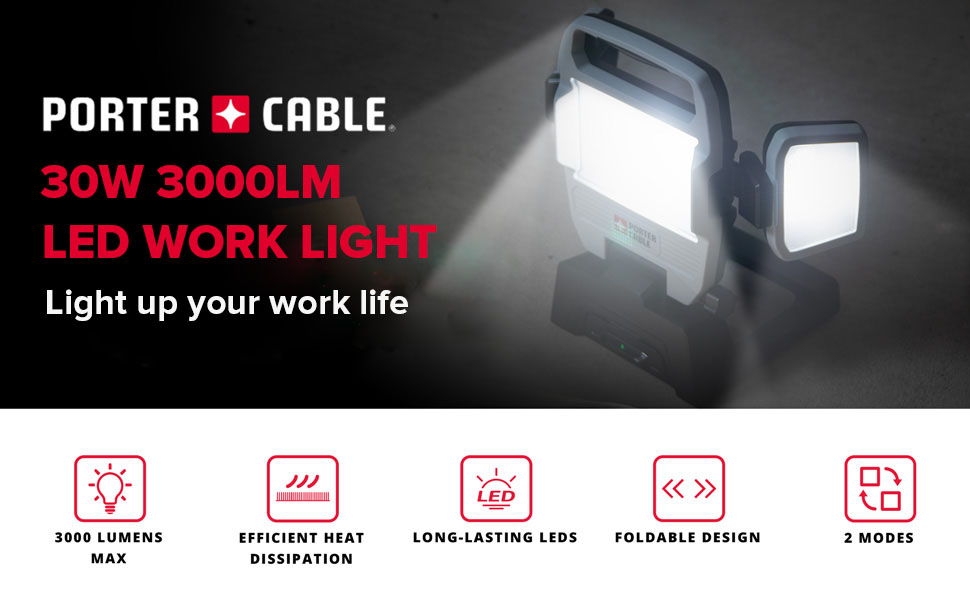 PORTERCABLE 30W 3000 Lumen Rechargeable LED Work Light, Portable
