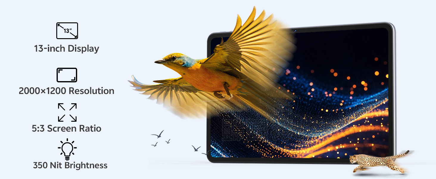 Series of technical specification images featuring a yellow bird in flight against dark backgrounds with dynamic light effects and abstract design elements.