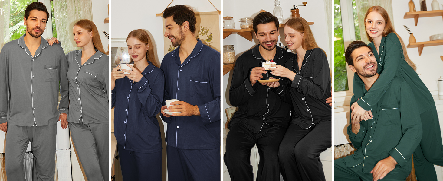 Mens Pajama Set Classic Button Down Sleepwear Soft Long Sleeve Pajamas for Men Lounge Pj Sets