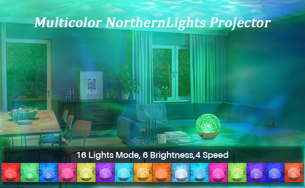 Multicolor Northern Lights Projector illuminating a room with vibrant colors. Features 16 light modes, 6 brightness levels, and 4 speed settings.