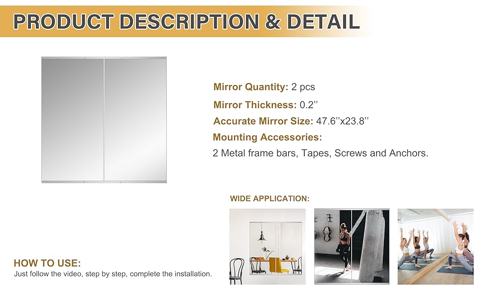 Delma Home Gym Mirror, 48''x24''x2PCS, large Full Body