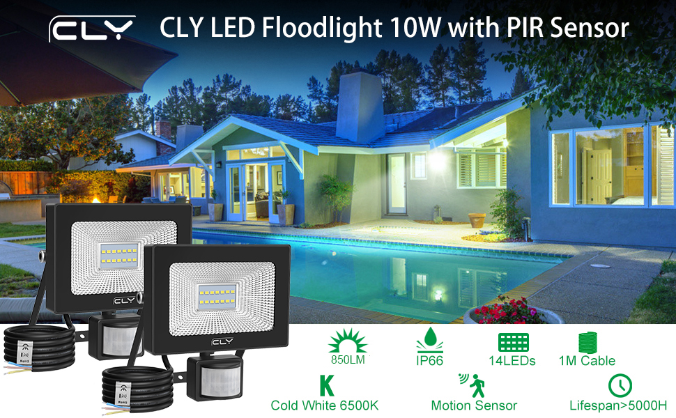 CLY 2 Pack Security Lights with Motion Sensor, 10W LED Floodlight Super