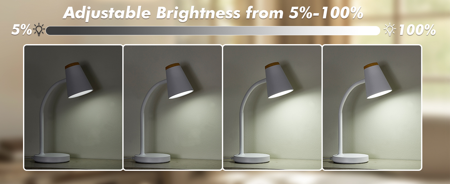 Four-panel demonstration of desk lamp brightness adjustment, showing illumination levels from 5% to 100% brightness.