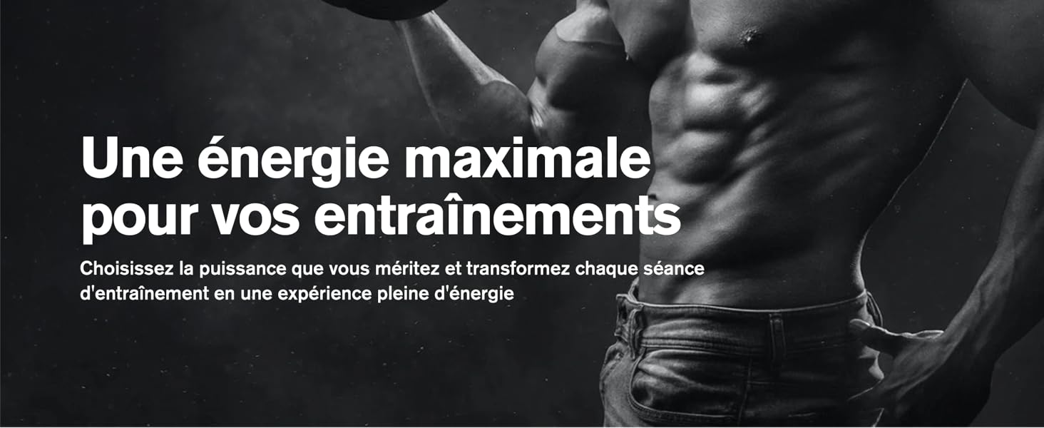 Publicité de fitness en noir et blanc avec texte en français sur l'énergie maximale pour les entraînements, montrant des équipements d'exercice dans l'obscurité.
