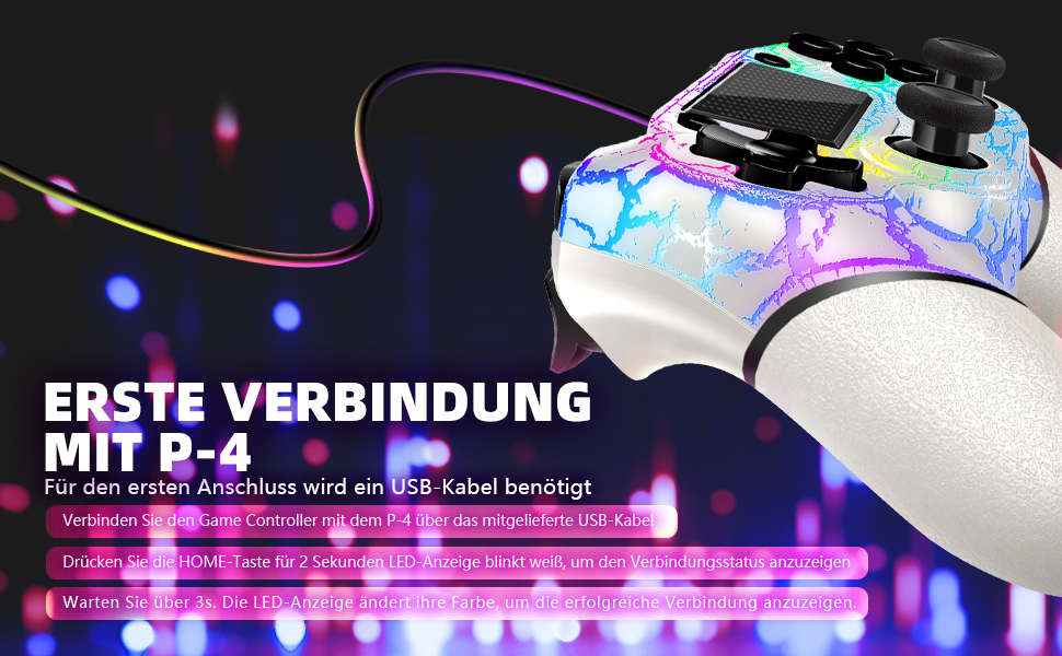 AceGamer Wireless Controller für PS4, White Crack Custom Design mit RGBLicht, 1000mAh Akku und