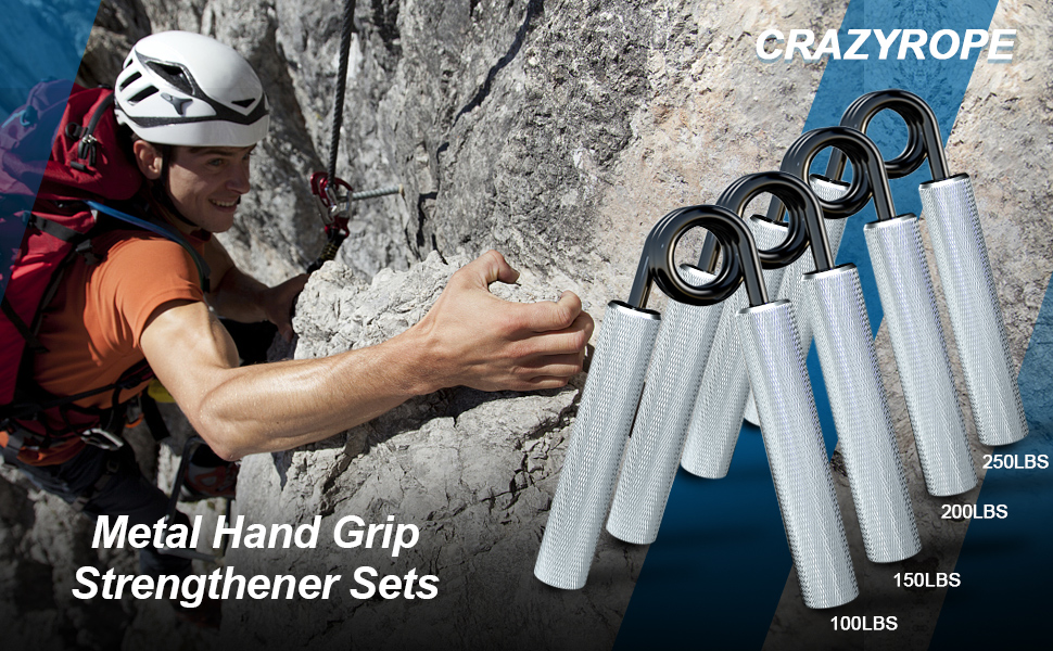 CRAZYROPE Metal Hand Grip Strengthener,4 Pack (100,150,200,250lbs) Grip