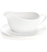 Yesland 15 oz Gravy Boat and Tray, Ceramic White Gravy Sauce Boat with Saucer Stand for Dining, H...