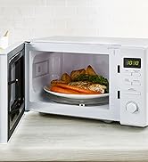 Sequence showing a white microwave oven in a kitchen setting, with different views of the appliance's exterior and interior.