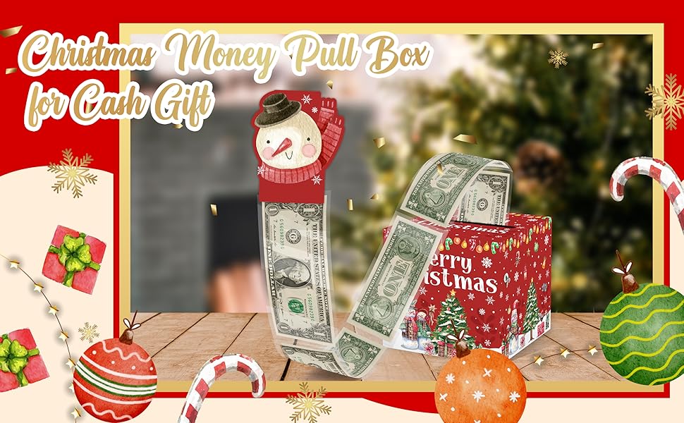 Christmas Money Box for Cash Pull, Christmas Money Pull Box with Snowman Card and Transparent Bags