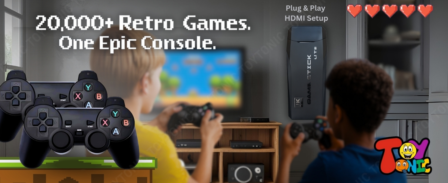 Retro game console with 20,000+ built-in games and 2 wireless controllers