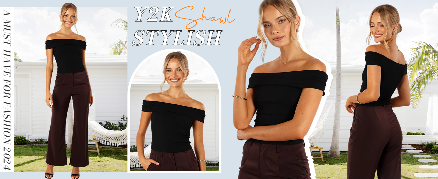 LUYAA Women's Off Shoulder Cropped Tops Short Sleeve Slim Fit Ruched T