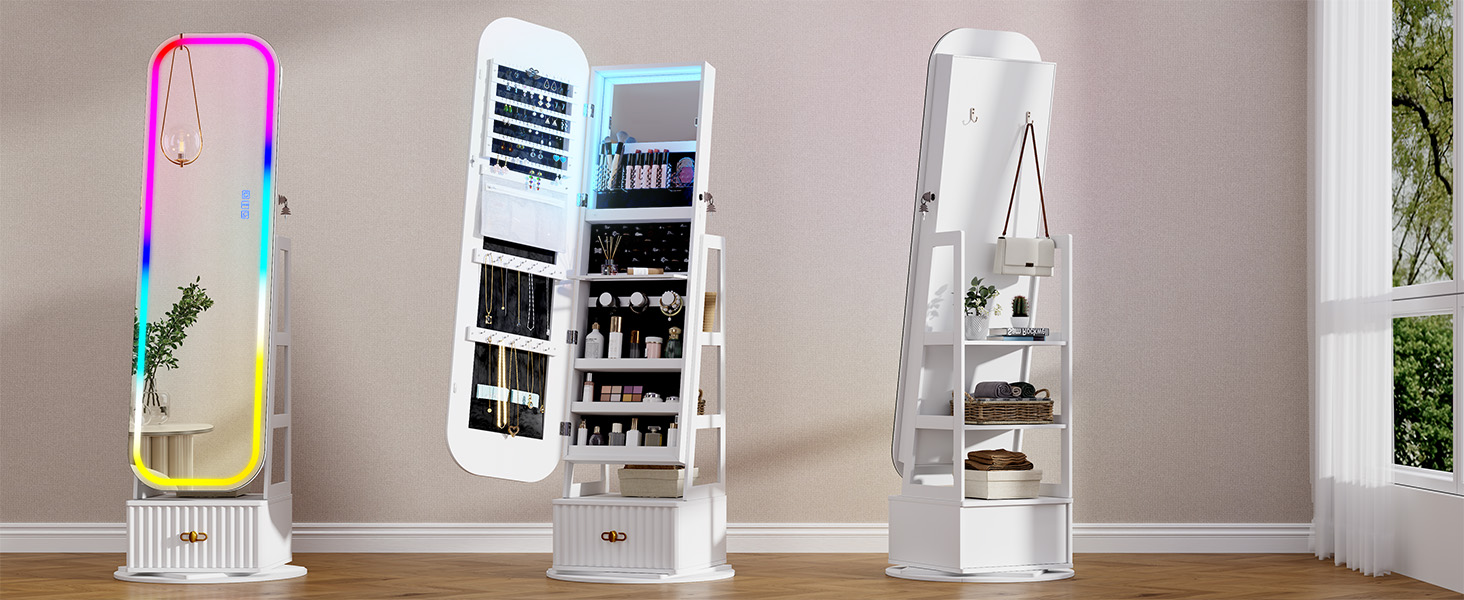 Jewelry Cabinet Full-Length Mirror Hidden Storage Jewelry Organizer Freestanding