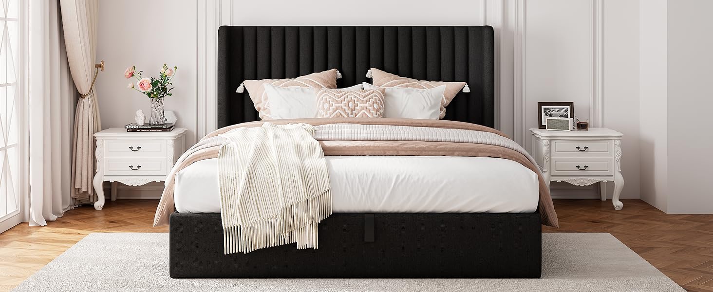 queen size lift up storage bed frame with fluted wingback heardboard black