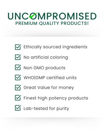 Green 'Uncompromised' product quality infographic listing seven features including ethical sourcing, non-GMO certification, and lab testing.
