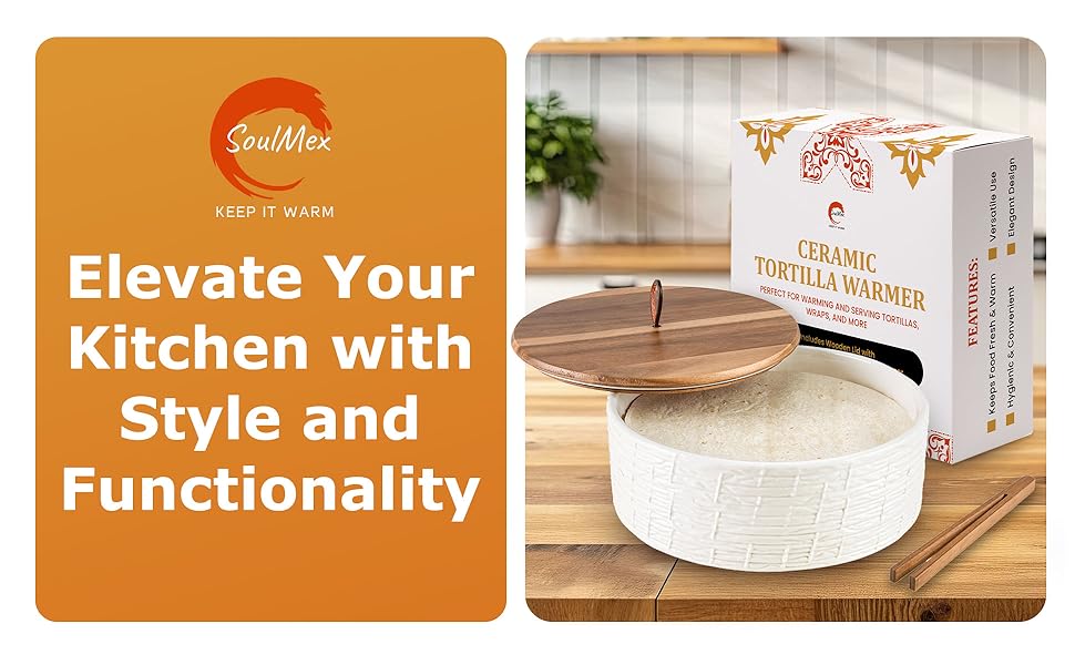 Ceramic Tortilla Warmer with Wooden Lid Tortilla Holder with lid, Insulated Bread Warmer