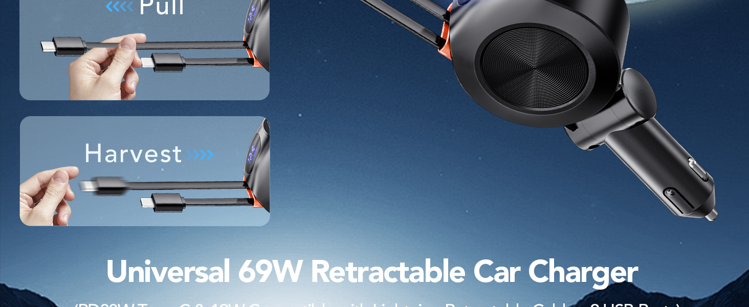 Retractable car charger with 69W output. Images demonstrate 'Pull' and 'Harvest' actions for extending and retracting the charging cable.