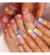 IMRAIN Press on Nails Long & Press on Toenails Set Colorful Flower French Fake Nails Glossy Glue ...