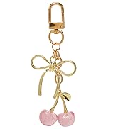 Pink keychain with cherry charm and gold bow, ideal purse accessory or bag charm for women