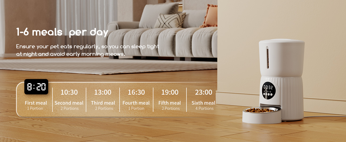 White automatic pet feeder with digital display showing feeding schedule. Device dispenses 1-6 meals per day at programmable times.