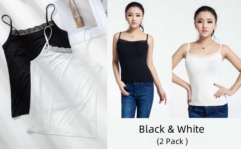 Qzkouma 2 Pack Women's Spaghetti Strap Lace Trim Cami Tunic