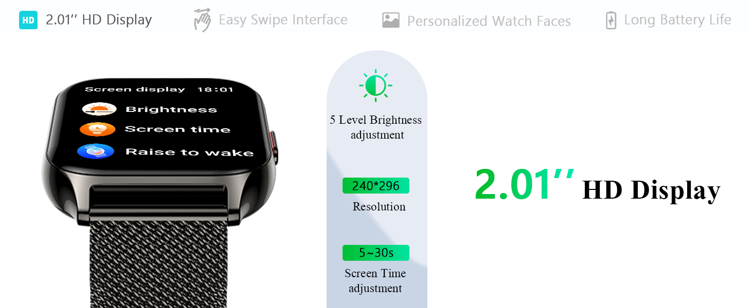 Smartwatch with square black face displaying colorful app icons. Features include 2.01