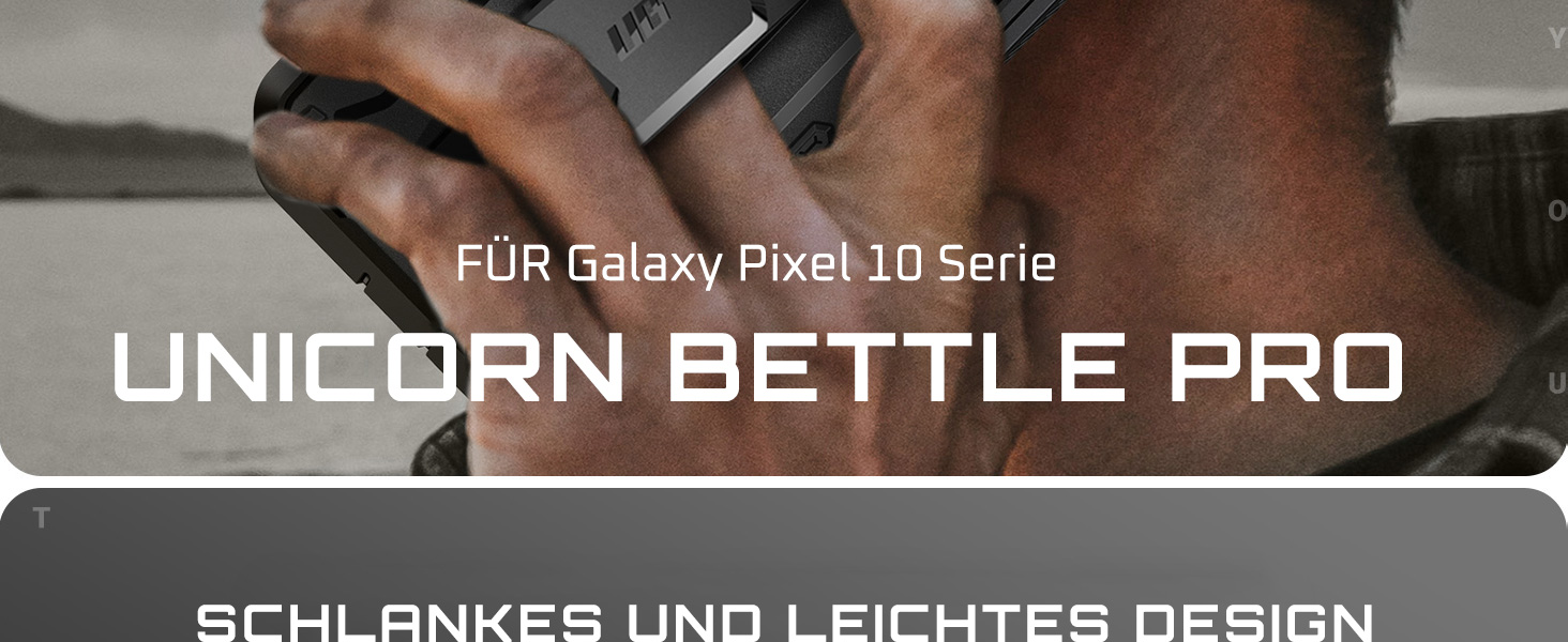Der Text lautet „UNICORN BETTLE PRO“, „FÜR Galaxy Pixel 111 Serie“, „SCHLANKES UND LEICHTES DESIGN“, „ELEKTROHAMMER MIT ABGLEITAUSCH“. Professionelles Elektrowerkzeug, aus mehreren Blickwinkeln vor dunklem Hintergrund dargestellt.