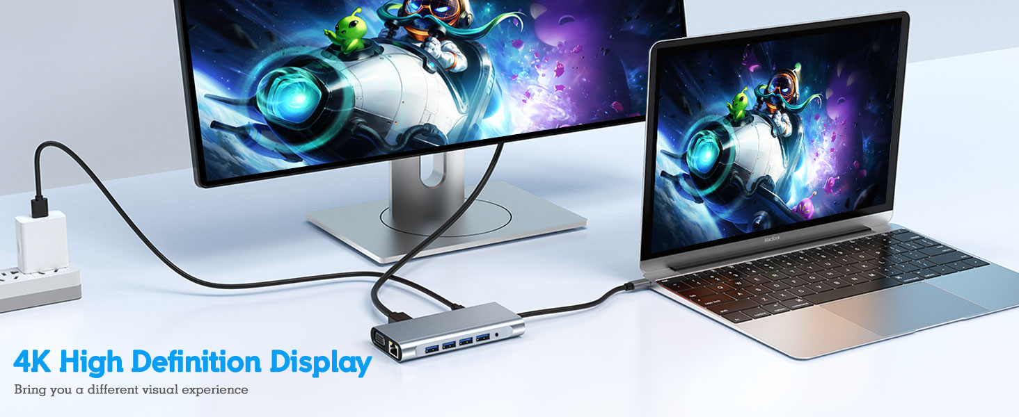 USB C HUB 12 in 1 mit Kabellosem Laden, Docking Station Adapter mit 4K-HDMI, VGA, RJ45 Ethernet