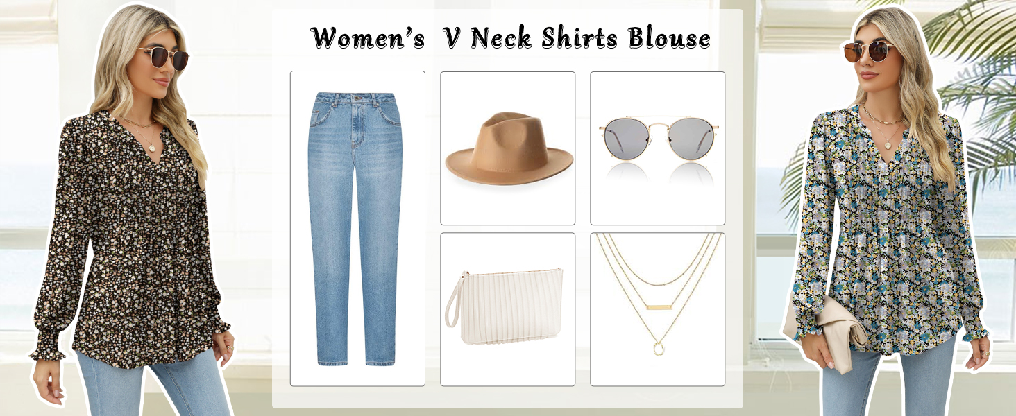 Floral T Shirts for Women Puff Long Sleeve Smocked Tops Tunics Fall Casual Shirts Blouses