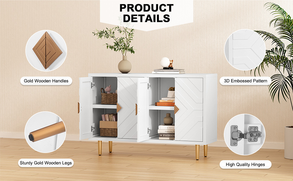 HOLTICO Sideboard with 4 Doors and Shelves, Buffet Table Storage Cabinet Morden Kitchen Cupboard for Kitchen, Living Room, Dining Room, Hallway,White 12 2