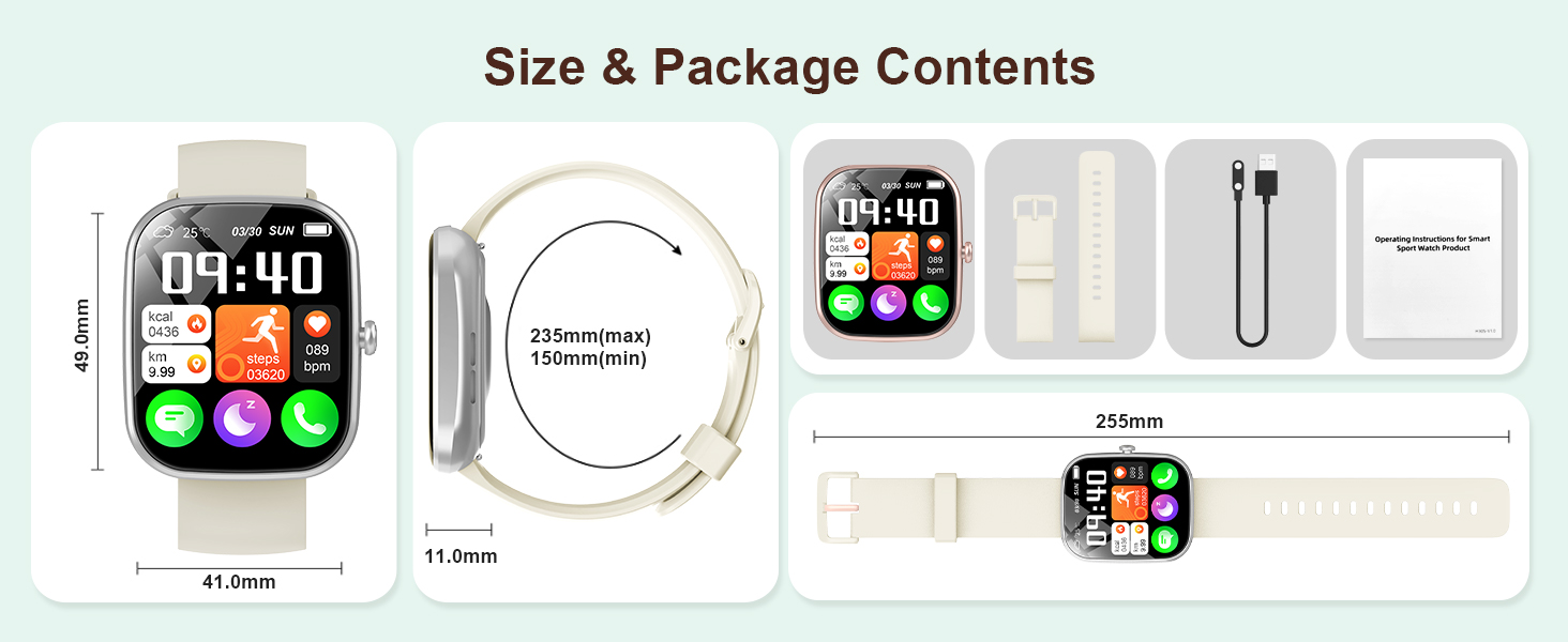 컬러 디스플레이, 충전 케이블 및 흰색 밴드가 포함된 흰색 직사각형 시계 모드를 보여주는 스마트워치 제품 패키지 콘텐츠입니다. 크기 사양 및 구성 요소 레이아웃이 포함되어 있습니다.