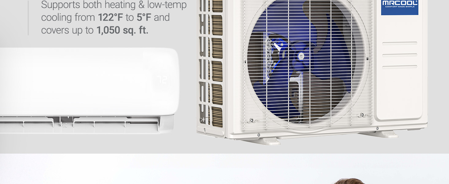 A sleek air conditioning unit labeled Highly Efficient and Low Temp Cooling.