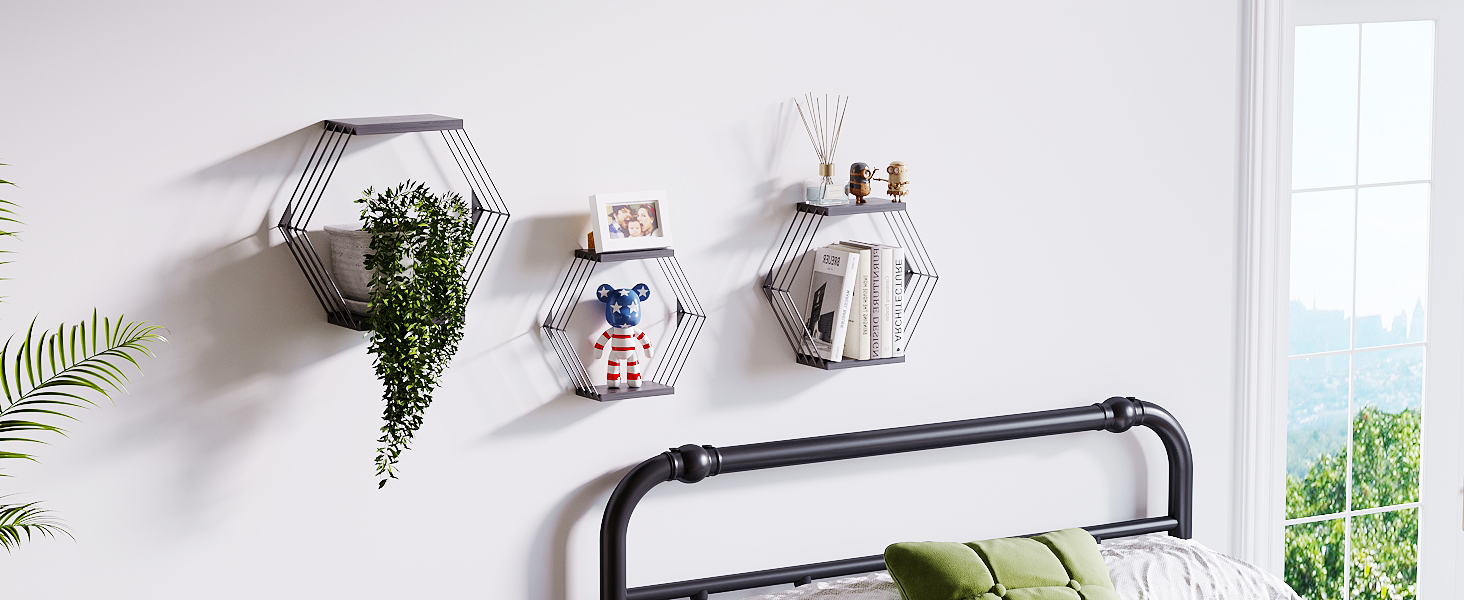 YEMNMFH Hexagon Floating Shelves for Wall Set of 3, Black Metal Wall Decor Honeycomb Shelves