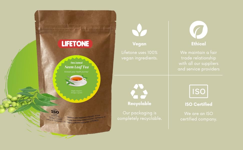 neem leaf tea, vegan , ethical, recyclable, iso certified