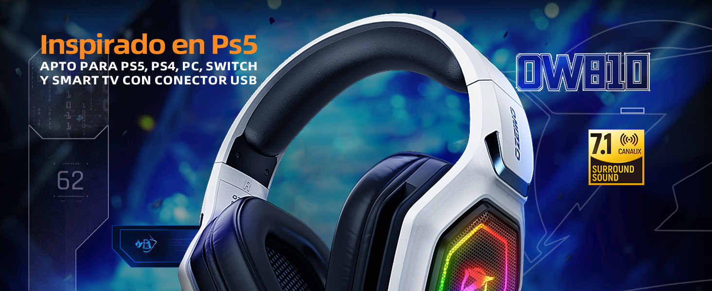 con auriculares blancos, iluminación RGB y diadema acolchada. Cuenta con sonido envolvente 7.1 y está inspirado en el diseño de PS5