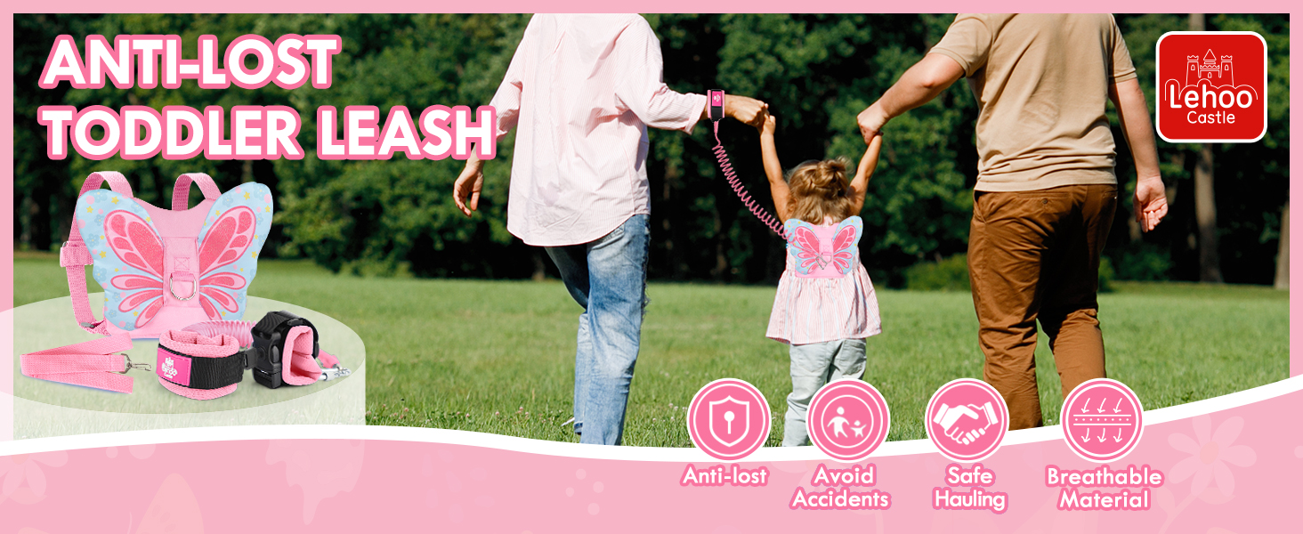 girl toddler leashes harness wrist link backpack, baby leash pink butterfly leash for kids