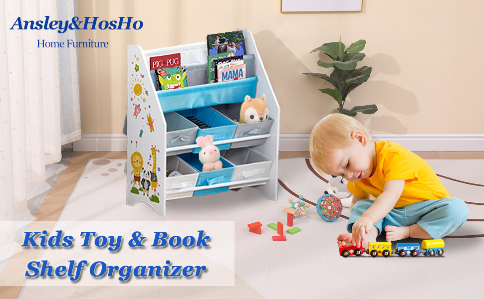 Kids Sling Bookshelf, Children Display Bookcase with 6 Toys Storage Boxes & 2 Book Racks