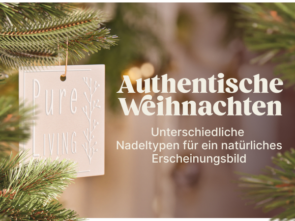 Tannenzweige mit einem hängenden weißen Etikett. Texteinblendung auf Deutsch über authentisches Weihnachtsfest und verschiedene Nadeltypen für ein natürliches Aussehen