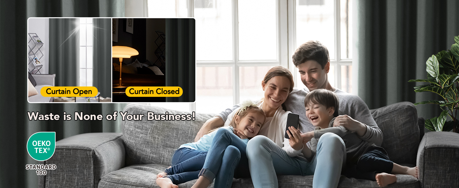 Text reads 'Waste is None of Your Business'. Similar product demonstration of curtain functionality with people on a couch, showing before/after comparison with directional arrow.