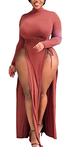 Womens Sexy Plus Size Dress Long Sleeve Adjustable Drawstring High Split Long Maxi Dresses