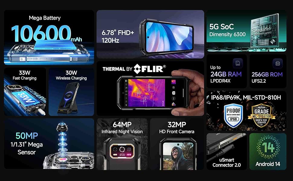 Ulefone Armor 27T Pro 5G Rugged Phone Unlocked Thermal Imaging Camera+64MP Night Vision 10600mAh
