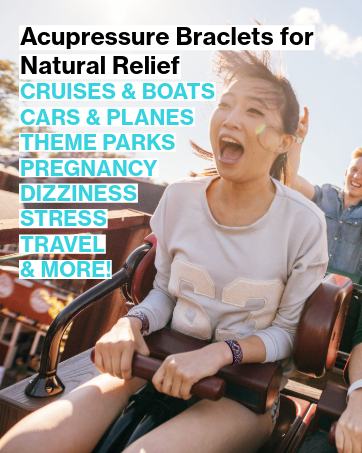 Woman on roller coaster wearing Blisslets for nausea & anxiety relief for cruises, pregnancy