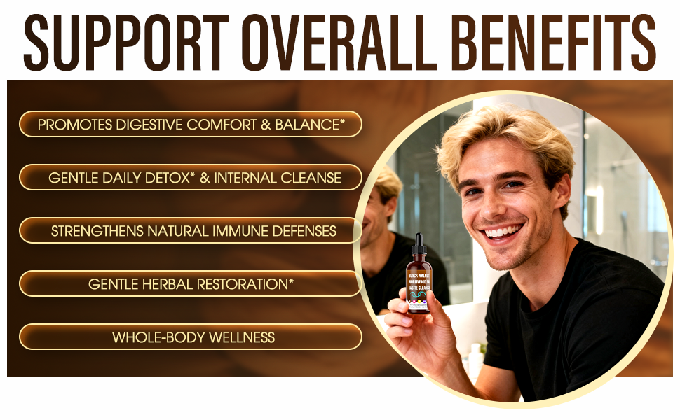 Text reads: 'SUPPORT OVERALL BENEFITS', 'PROMOTES DIGESTIVE COMFORT & BALANCE', 'STRENGTHENS NATURAL IMMUNE DEFENSE', 'GENTLE DAILY DETOX & INTERNAL CLEANSE', 'TACKLES BODY WELLNESS'. Marketing banner with health benefits.
