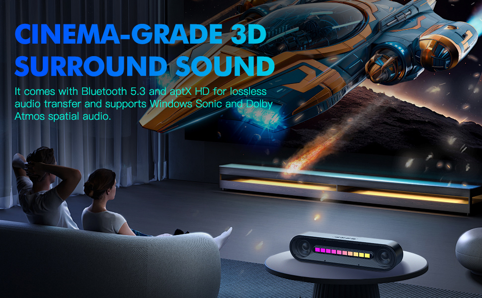 Home theater setup featuring a 3D surround sound system with Bluetooth 5.0 and wireless audio capabilities, shown in a darkened room with projected display.