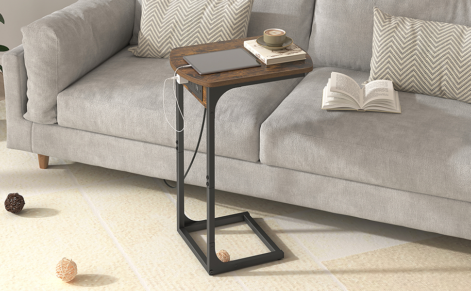 Hzuaneri L Shaped End Table with Charging Station, Bed Side