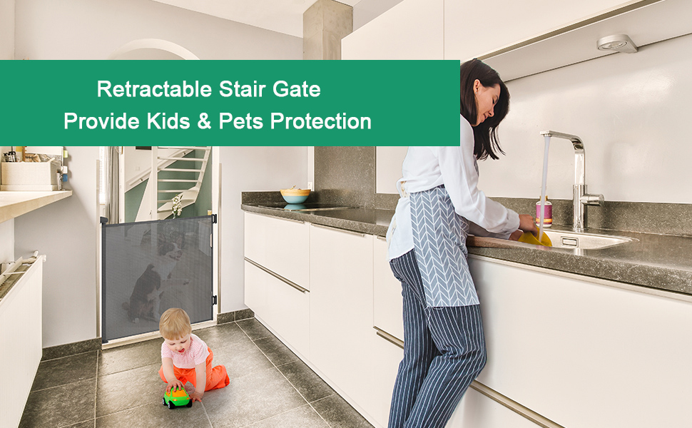 Retractable Stair Gate 140x86 CM Retractable Baby Gate Mesh Sturdy Dog